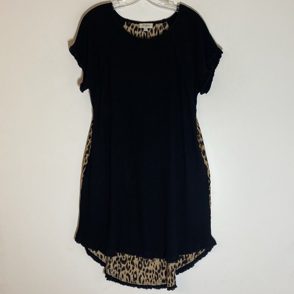 Umgee Dresses & Skirts - Umgee Dress Womens Small Black Leopard Linen Boho Fringe Hem Pockets Casual Nice